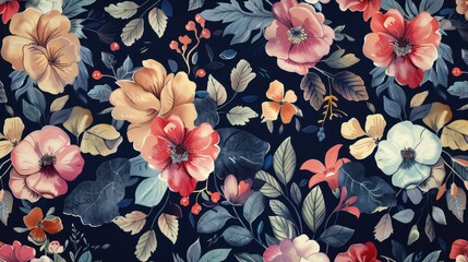 A floral patterned background with a variety of flowers and leaves. The colors are bright and vibrant, creating a cheerful and lively atmosphere