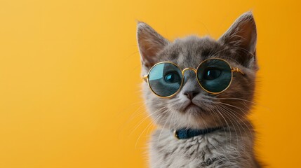 Wall Mural - Stylish gray kitten wearing sunglasses against a vibrant yellow background. Cool and trendy pet portrait perfect for fun and creative projects.