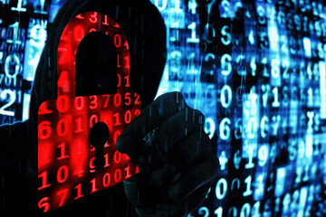 Wall Mural - a hacker in a dark hooded holds a digital padlock against a digital code background showing cyber se