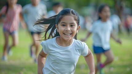 Wall Mural - Young latin american girl kid running in a park