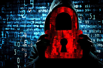 Wall Mural - a hacker in a dark hooded holds a digital padlock against a digital code background showing cyber se