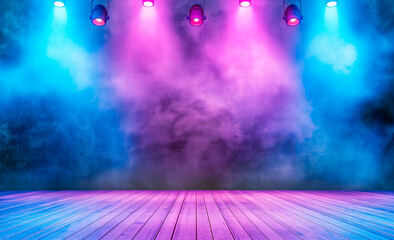 Canvas Print - A stage with vibrant blue and pink spotlights and smoke effect over a wooden floor against a dark background, evoking a theatrical concept. Generative AI