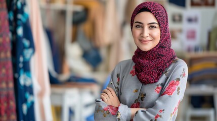 Wall Mural - Female fashion designer in hijab, stylish and creative, smiling at the camera in a vibrant design studio with fabric and sketches, expressing her passion for fashion design