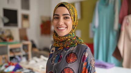 Wall Mural - Female fashion designer in hijab, dressed stylishly, smiling creatively at the camera in a design studio with fabric and sketches, showcasing her passion for fashion design