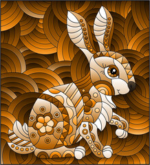 Wall Mural - Stained glass illustration with a cute rabbit on a background of waves, rectangular image, tone brown