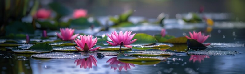 Wall Mural - wildflower pink waterlily, beautiful nature spring summer field background with copy space