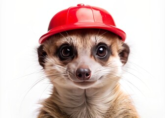 Wall Mural - A small brown and white animal wearing a red helmet. Animal is looking at the camera. A playful and lighthearted mood. half profile portrait photo of meerkat with fire fighter helmet. White background