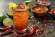 © Nico - A spicy michelada cocktail in a salt-rimmed glass, with beer, lime juice, hot sauce, and Worcestershire sauce, garnished with a chili pepper.