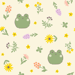 Sticker - Kawaii frog seamless vector pattern with summer meadow flowers. Childish hand-drawn illustration in a pastel palette on a beige background for baby prints, textiles, packaging, wallpaper.