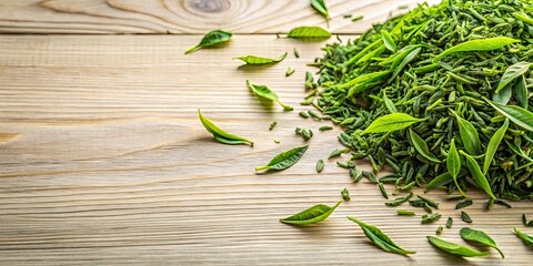 Poster - Green tea leaves scattered on a light wooden surface , organic, beverage, relaxation, tea time, loose leaf, healthy