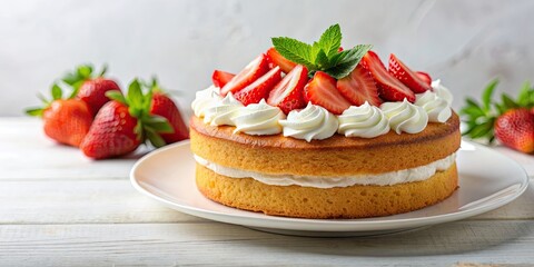 Canvas Print - Delicious cake topped with fresh strawberries and whipped cream on a white plate, dessert, cake, strawberries, whipped cream