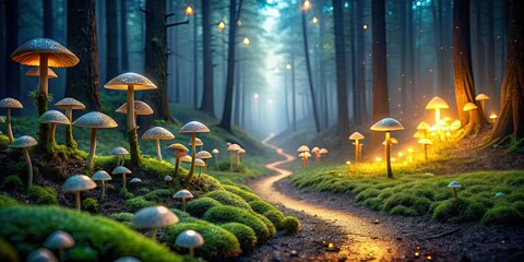 Poster - Dark and mysterious forest path illuminated by glowing mushrooms, forest, path, mysterious, dark, spooky, glowing, mushrooms