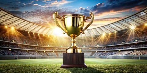 Canvas Print - Golden winner's cup in front of stadium stands , victory, achievement, success, sports, competition, reward, championship