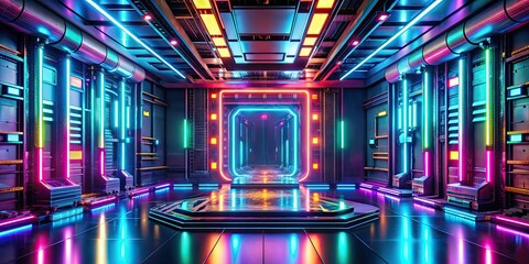 Canvas Print - Futuristic cybernetic base in vibrant neon hues , technology, digital, futuristic, neon, colorful, glowing