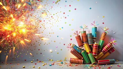 Firecrackers with colorful confetti exploding on a light background, fireworks, celebration, party, event, festive, holiday