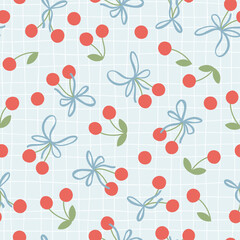 Wall Mural - Cherry seamless vector pattern with berry and ribbon bows in simple hand drawn cartoon kawaii style. Pastel palette, soft blue grid background. Ideal for printing baby textiles, clothes, packaging.