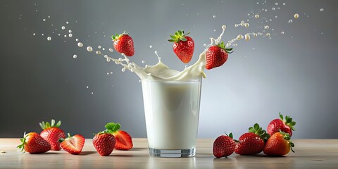 Sticker - Glass of milk with strawberries falling into it, strawberries, milk, glass, falling, fresh, organic, healthy, fruit, red, white