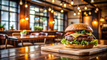 Wall Mural - Freshly made hamburger on a table in a restaurant interior, burger, food, fast food, delicious, meal, lunch, dinner, eat, dining