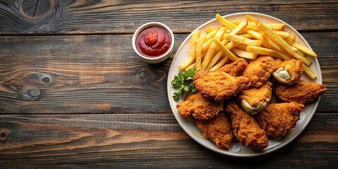 Poster - Delicious meal featuring fried chicken and golden french fries , fast food, crispy, tasty, lunch, dinner, fried