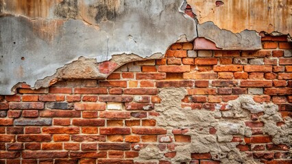 Poster - Damaged wall with weathered plaster and old red bricks. Copyspace for home renovation or repair works concept, damaged, wall