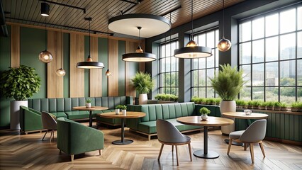 Canvas Print - Dark green and gray modern cafe interior with round tables, sofa, and large windows, cafe, interior, modern, dark green