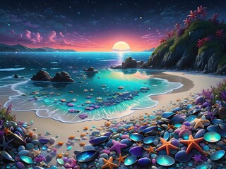 Generative AI. Beautiful bioluminescent beaches filled with colorful shells, glowing starfish and opal pearls on moonlit nights.