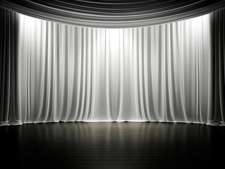 Wall Mural - Silver curtains on a stage with a black wooden floor, clean design style, dark background, concept of presentation space. Generative AI