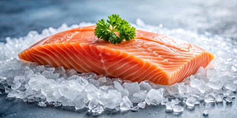 Wall Mural - Fresh salmon fillet on bed of ice, salmon, fresh, seafood, gourmet, raw, fish, cuisine, healthy, ice, chilling, ingredient