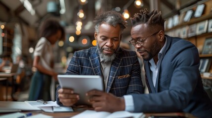 Focused Professionals Reviewing Tablet. Two professional men in suits reviewing information on a tablet in a sophisticated, modern office environment.