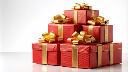 Poster - Stack of red gift boxes with gold bows and ribbon, gift, celebration, present, holiday, surprise, festive, package