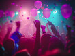 © Who is Danny - A vibrant party scene with people and balloons, colorful lights, on a blurry background, concept of celebration. Generative AI