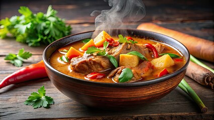 Wall Mural - Steaming mussaman curry in a bowl, filled with thick sauce, meat and vegetables, Thai, curry, food, cuisine, spicy, delicious