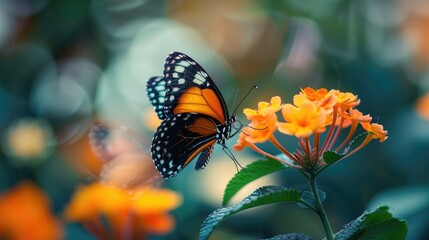 Canvas Print - Close up View of Admiral Butterfly on Fragrant Flower with Blurred Background