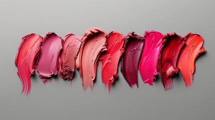 Wall Mural - A Row of Pink, Red, and Burgundy Lipstick Swatches on a Grey Background