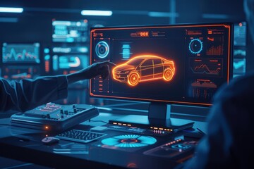 Engineer programming an autonomous car system in a futuristic lab, photo-realistic, self-driving technology