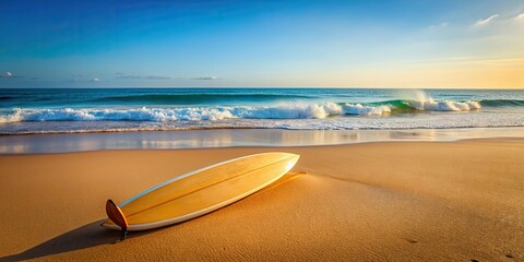 Sticker - Surfboard laying on sandy beach with ocean waves in the background, surfboard, beach, ocean, waves, sunny, vacation