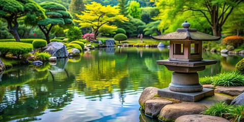 Sticker - Tranquil Japanese garden with stone lantern and pond , Zen, traditional, peaceful, meditation, nature, shrubs, trees, lantern