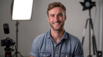 Wall Mural - Passionate male photographer in casual shirt smiling creatively with professional cameras and lights in background photo studio