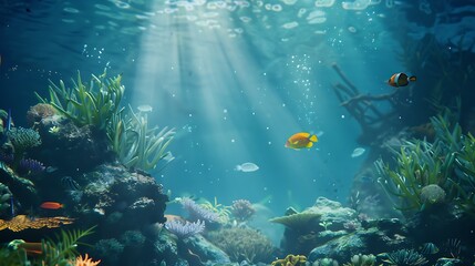 Wall Mural - Underwater Scene With Reef And Tropical Fish : Generative AI