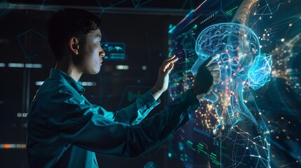 Fototapete - professional in a teal shirt demonstrating artificial intelligence technology using interactive digital graphics : Generative AI
