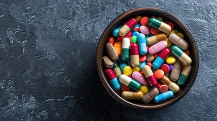 Colorful medicine pills in a bowl with space for text close up top view