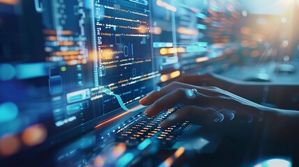 Aufkleber - A software development designer or programmer is typing on a computer to create an application using an abstract code language in simulation Digital cyber security technology concept : Generative AI