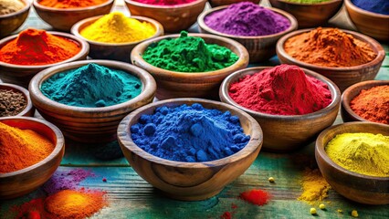 Wall Mural - Vibrant bowls of colorful powdered pigments for art and craft projects, colorful, pigment, powder, vibrant, art, craft