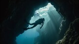 diver hovering inside a cave : Generative AI