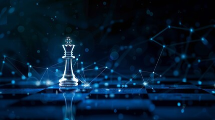 Fototapete - Leader with brain and ideas can make an impact and different on the digital world concept White chess king with blur graphic Binary Data computer Number network on blue dark background : Generative AI