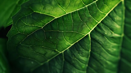 Poster - A macro photo captures the intricate details of a leafs veins showcasing its vibrant green texture and delicate structure : Generative AI