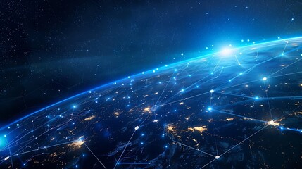 Fototapete - earth wifi wireless network futuristic cyberspace future city landscape city abstract background binary blue building business communication community computer concept connect con : Generative AI