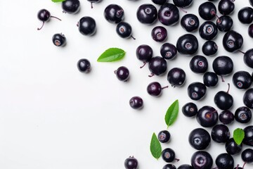 Wall Mural - Berries On White Background. Top View of Fresh Acai Berries, Antioxidant Rich Superfood