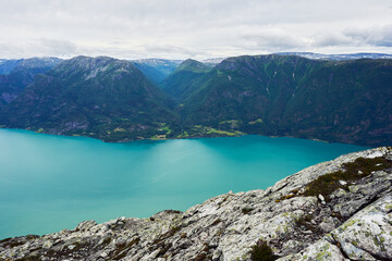 Wall Mural - View towards the Krokadalen Valley seen from the Molden Mountain by the Lustrafjorden Fjord, Norway.