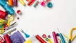 © The Little Hut - Sewing needlework and clothing repair background scrapbooking quilting Colorful pieces of fabric scissors ruler sewing tools needles threads on a white table background top view copy s : Generative AI
